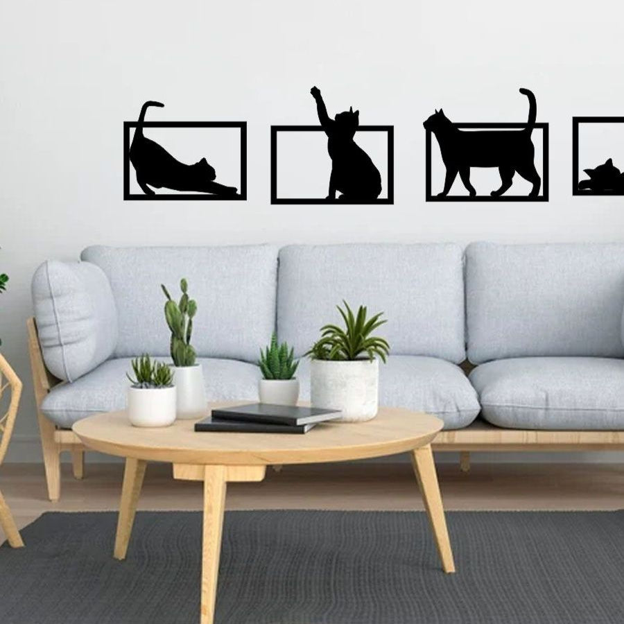 Kit 4 Quadros Vazados Gatinhos Brincando MDF Decorativo 🇧🇷